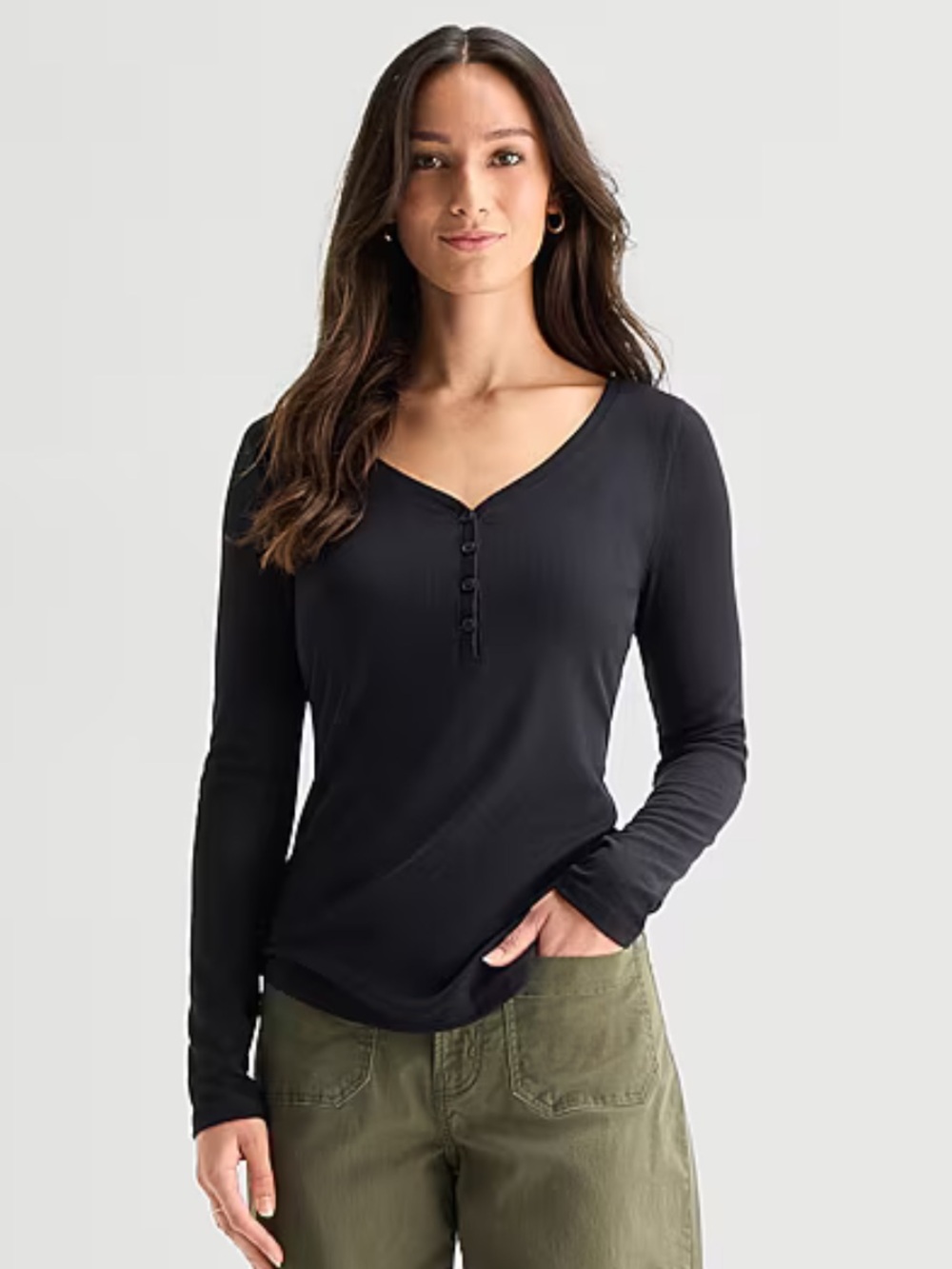 a.n.a Black Henley Long-Sleeve Top